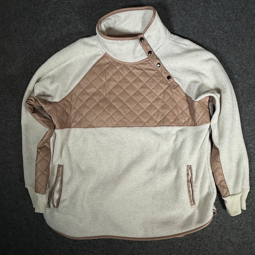 Abercrombie & Fitch Womens Cream Fleece Quilted Snap Neck Pullover Sweatshirt XL